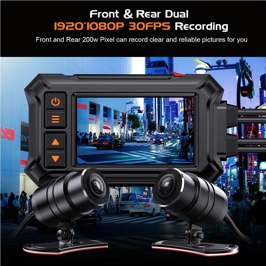 Motorcycle tachograph dash cam with dual lenses, 3-inch screen, GPS module, and mounting accessories on a black background.