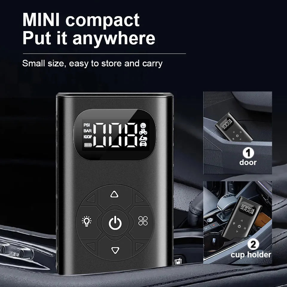 Black M09X portable air compressor power bank with digital pressure gauge and USB cable, 12x6.5x4.2cm aviation material