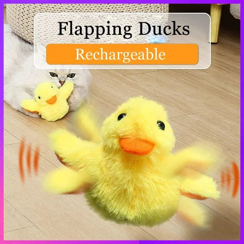 Yellow flapping duck cat toy with catnip filling and USB charging cable