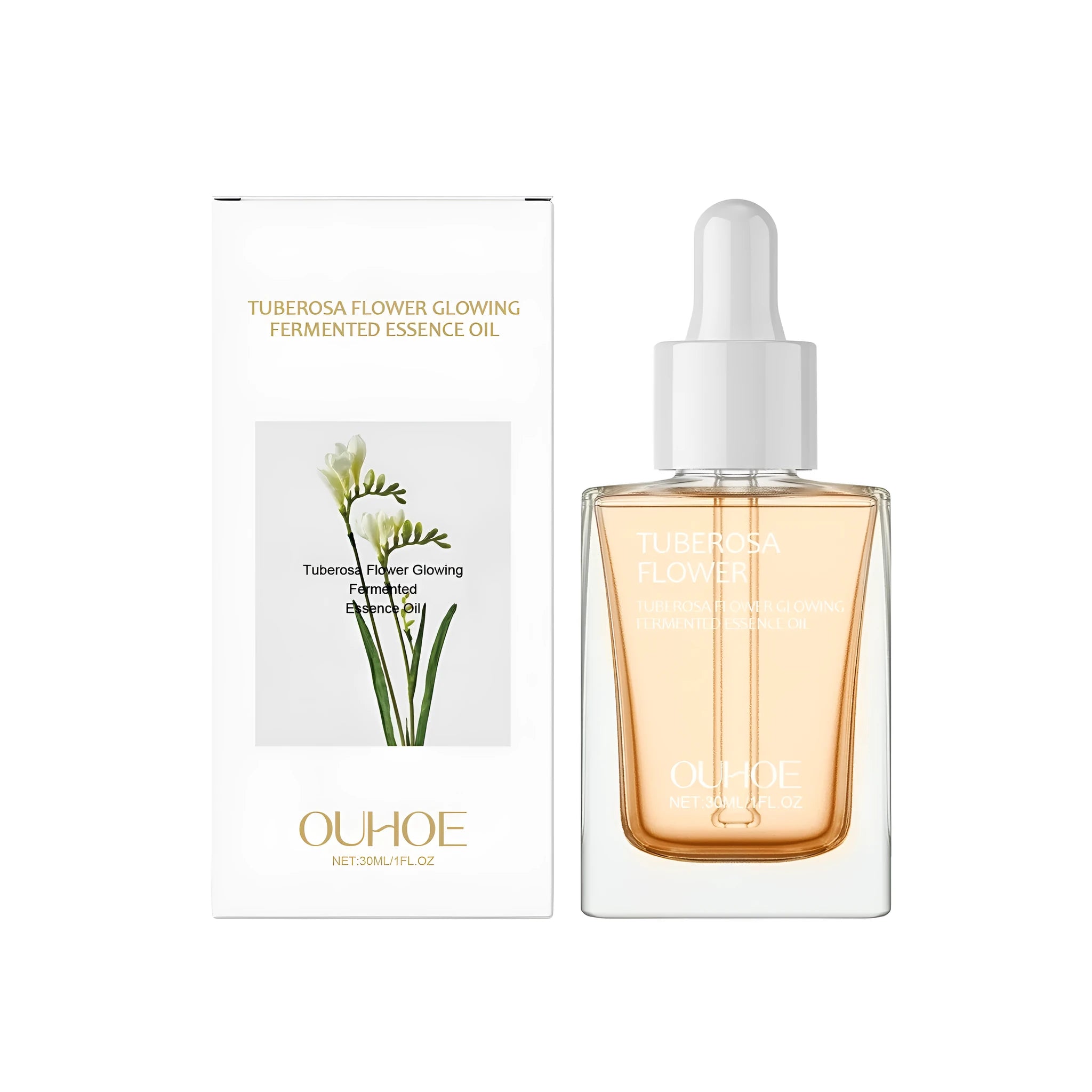 30ml glass bottle of brightening and firming facial oil with dropper applicator