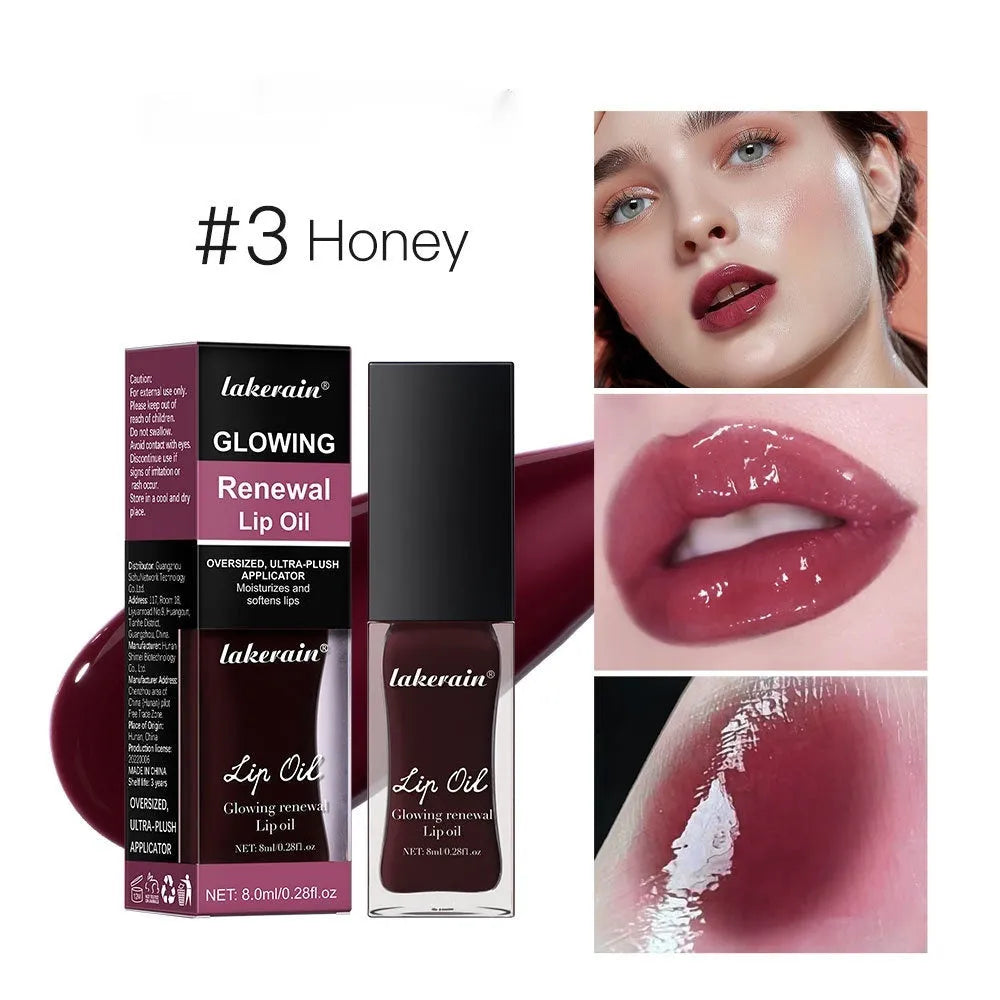 Lip gloss tube in one of seven colours: coral, clear, honey, jam, pink, red, or rose.