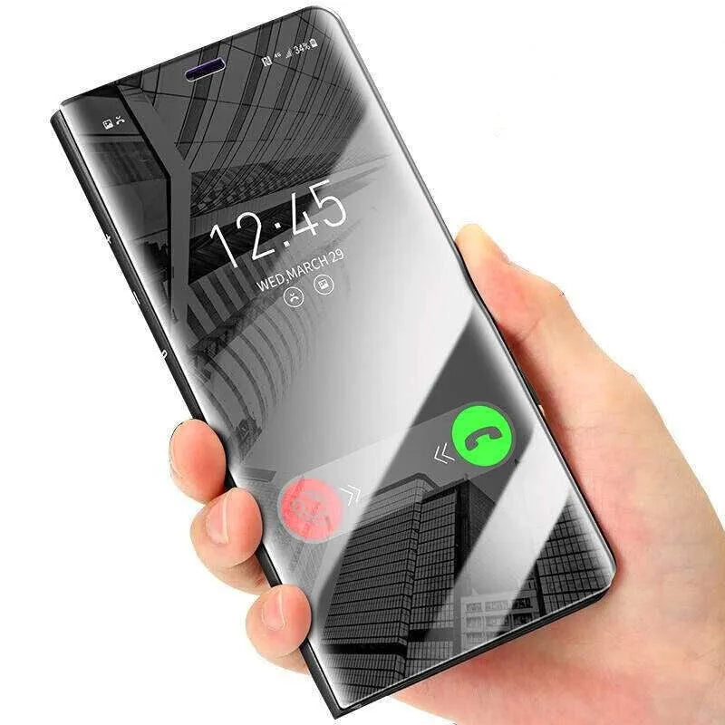 Electroplating mirror flip vertical leather phone case for iPhone in black with built-in bracket stand