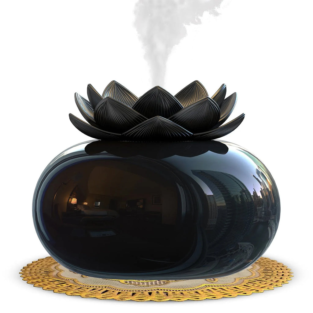 Black round USB-powered aromatherapy humidifier with ultrasonic operation