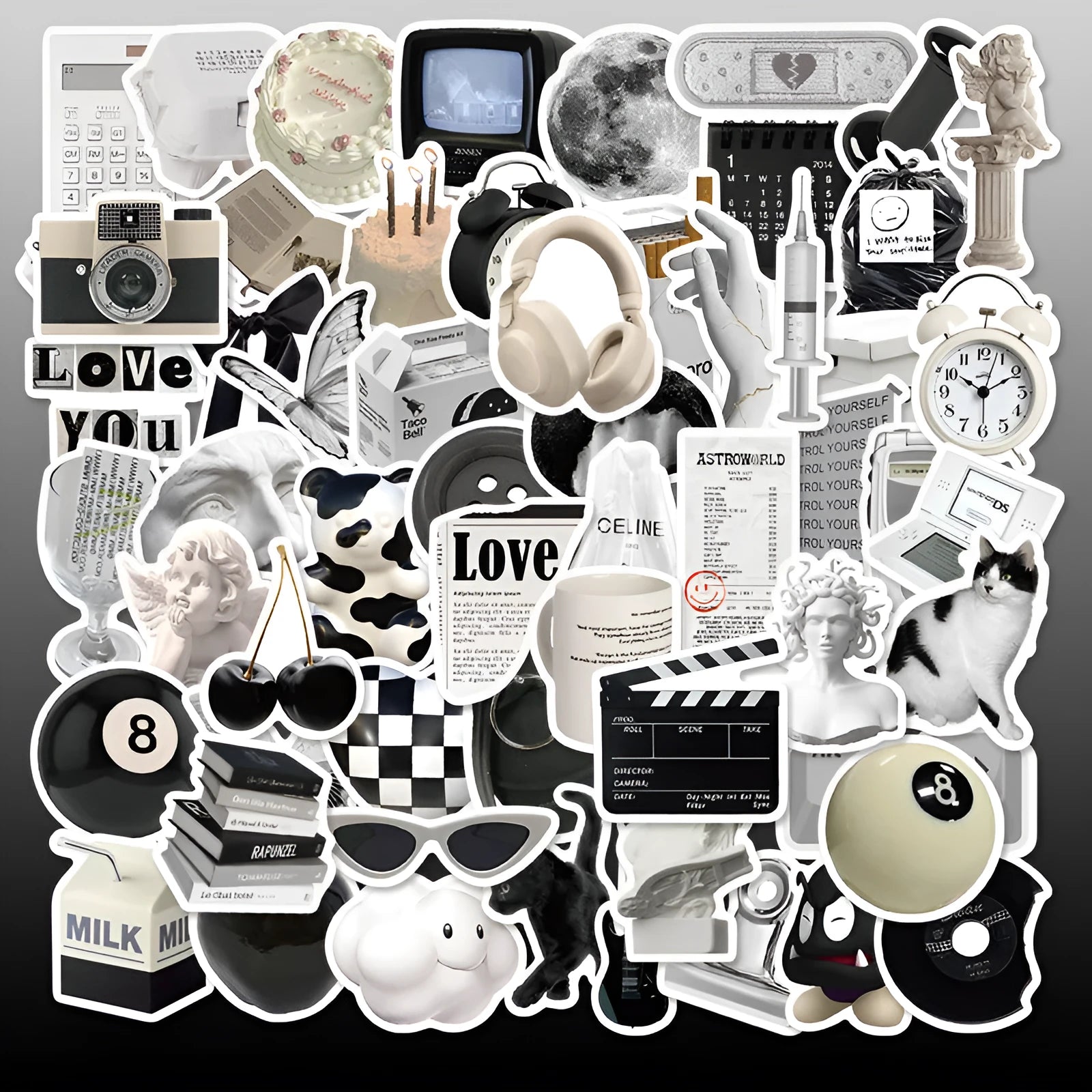 61 black and white waterproof PVC stickers for laptop and phone decoration