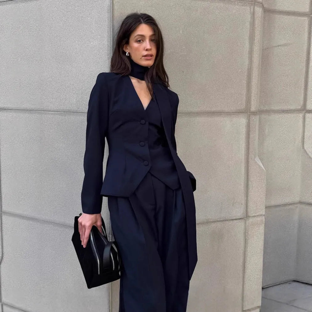 Navy blue women's halter suit set with top and trousers, solid colour polyester fabric, commuter wear