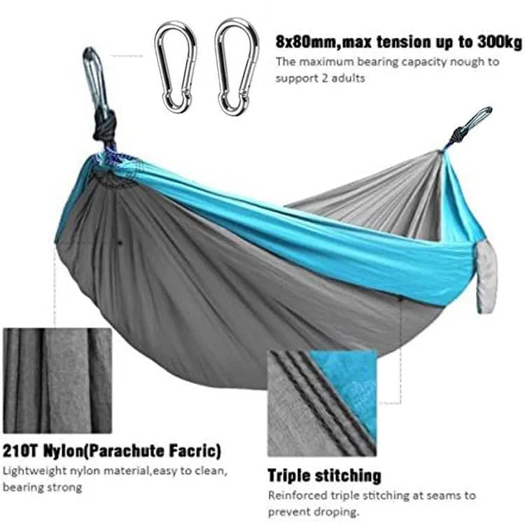 Outdoor camping hammock made of nylon spinning fabric in 270x140cm size, blue grey colour, with 300kg max load