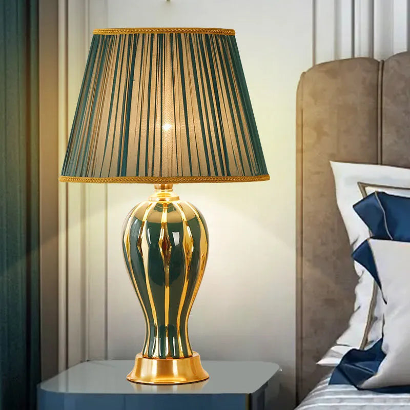 Ceramic table lamp with vertical stripe pattern and touch or remote switch for bedroom or living room