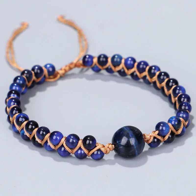 Handmade woven geometric pull bracelet in blue Tigereye or Amethyst stone beads for casual unisex wear.