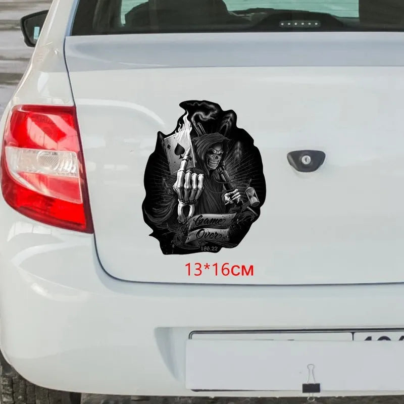 Black spades ace skull car sticker, PET reflective, 16cm by 13cm body decal