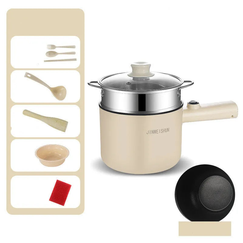 White, green, and khaki mini electric hot pot with non-stick interior and control panel.