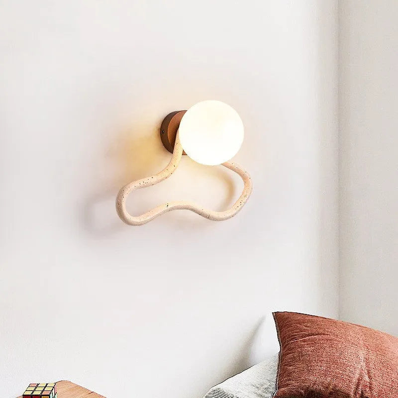 Middle ancient style bedside wall lamp with white travertine glass shade and solid wood base