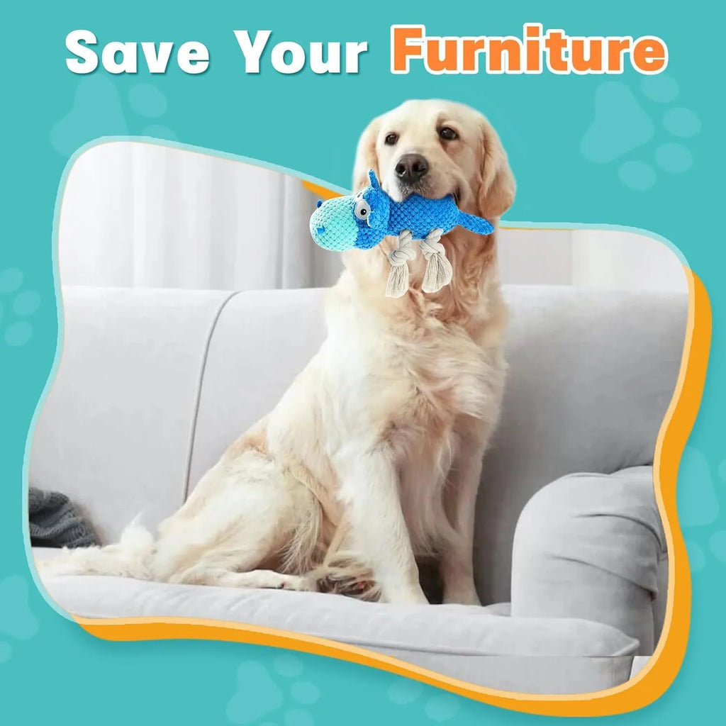 Blue plush dog toy for aggressive chewers with reinforced seams and squeaker