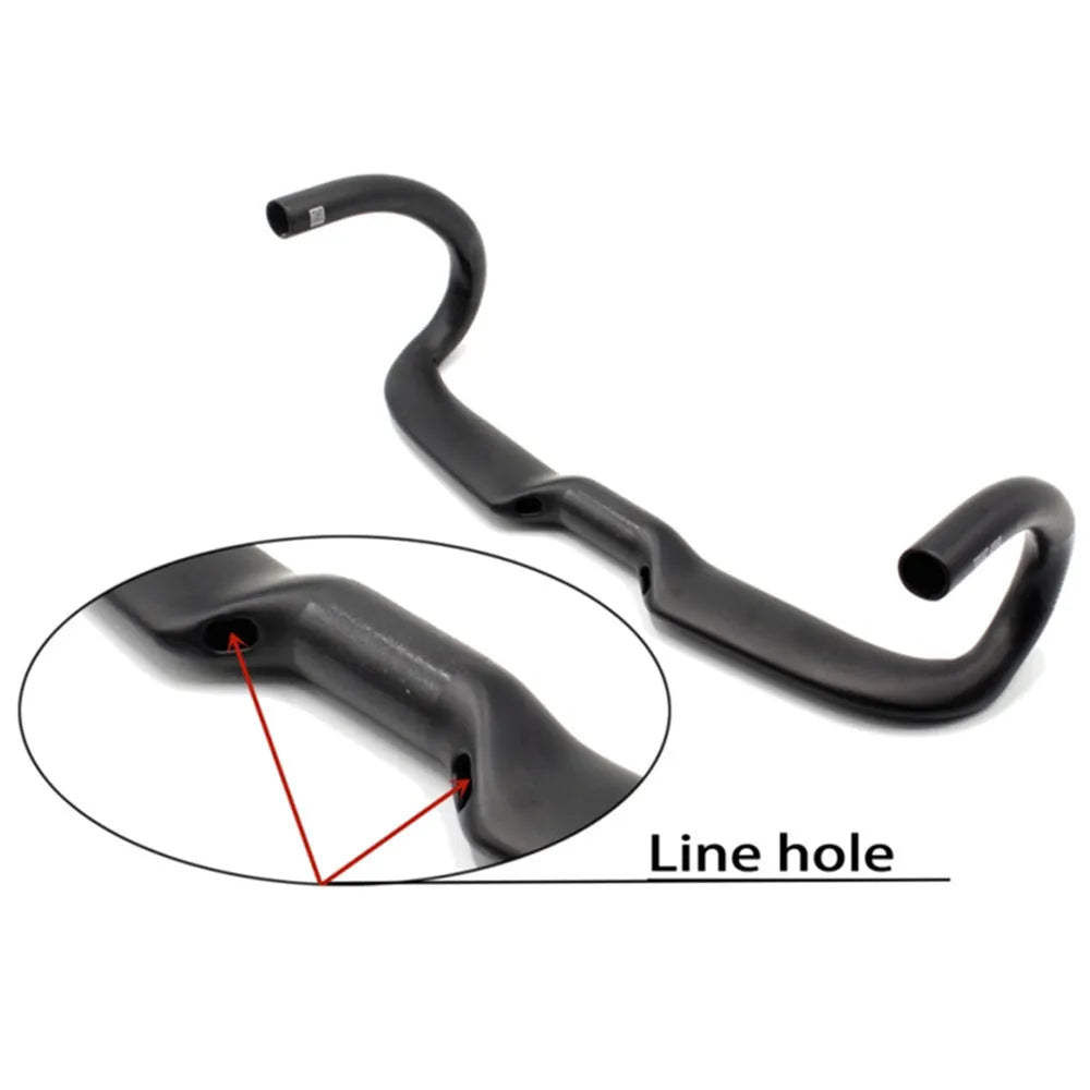 Matt black carbon fibre road bicycle handlebar shown from above, with bent drops.