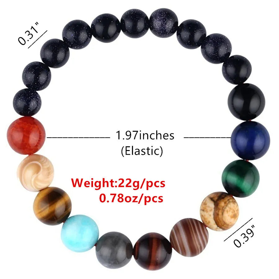 Eight planets natural stone beaded bracelet on wrist, 19cm elastic unisex design