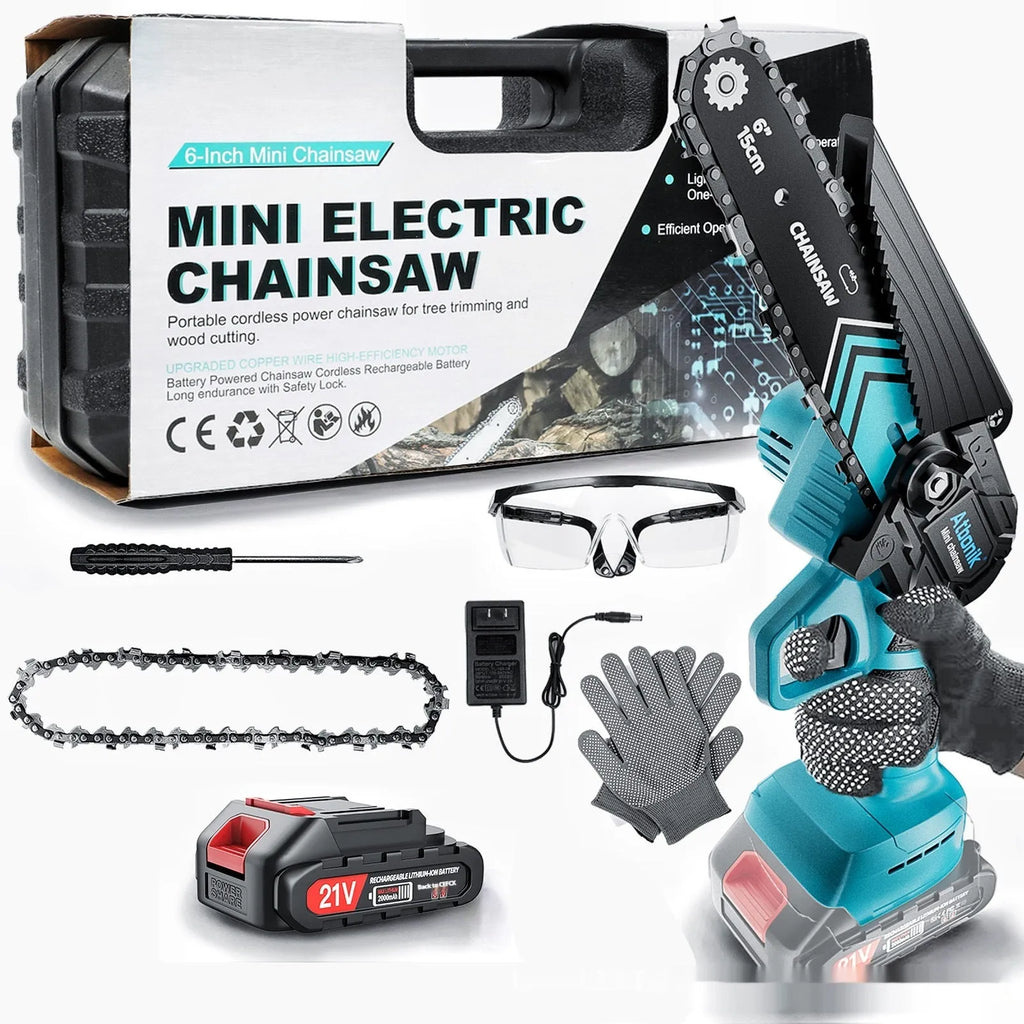 Handheld cordless electric chainsaw with 6-inch chain, two batteries, and safety accessories