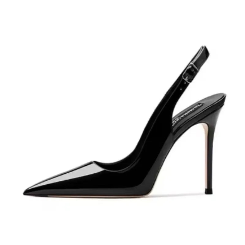 Women's nude soft PU leather ankle-strap high heels with hollow design detail