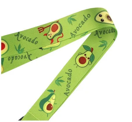 Polyester phone lanyard with a green fruit avocado cartoon printed on both sides, showing the buckle.