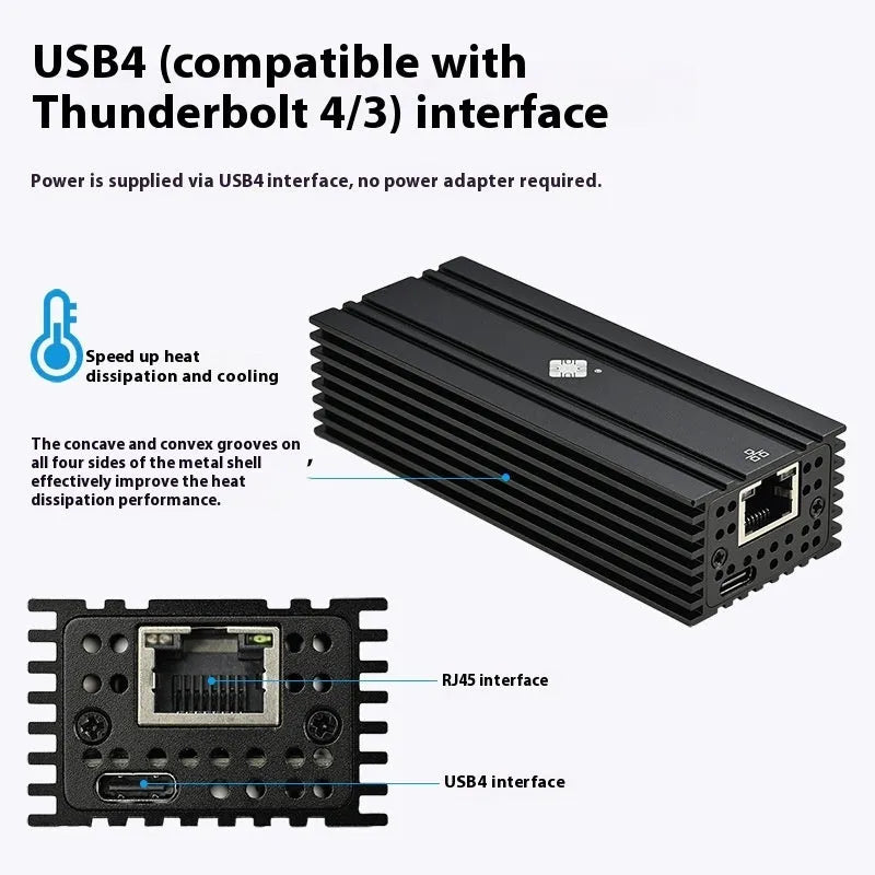 Black Leyu USB4 to 10G RJ45 Ethernet network adapter with attached short cable.