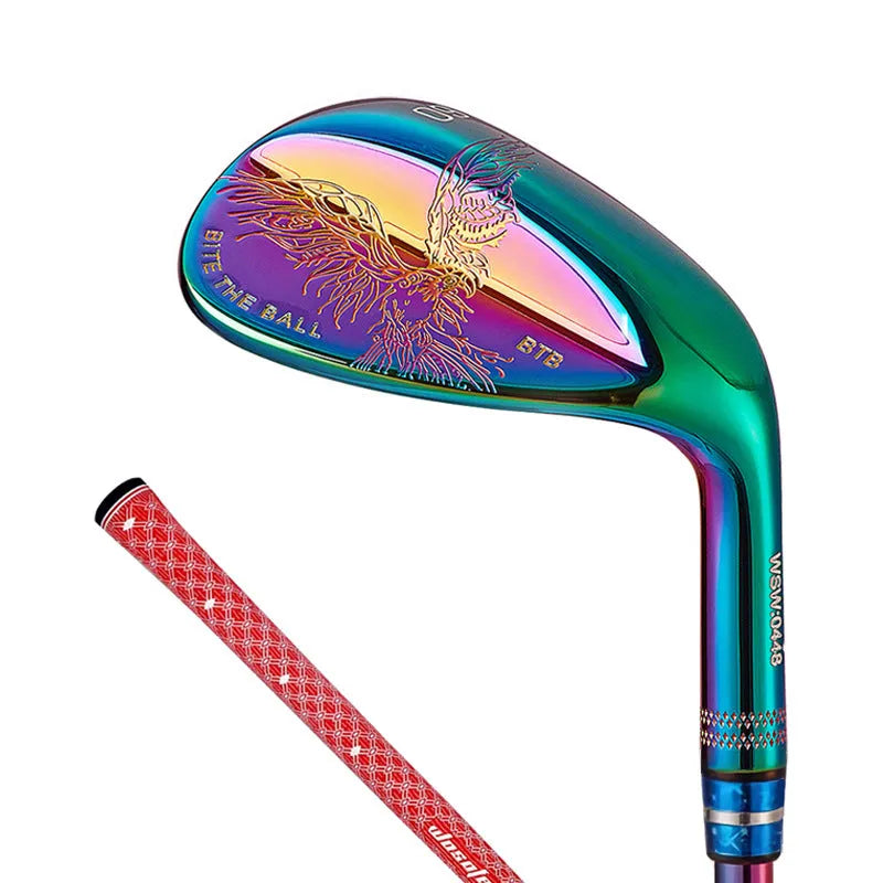 Forged golf wedge with blue electroplated finish, CNC-machined groove pattern on striking face, natural rubber grip, 890mm length