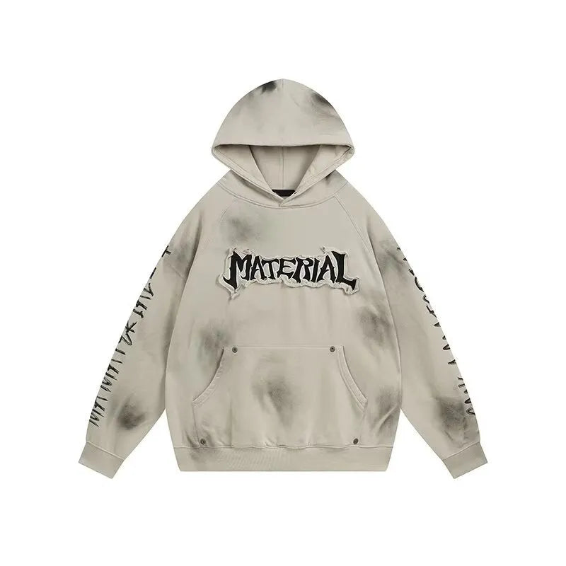 American vintage distressed graffiti hoodie in black loose fit pullover with long sleeves
