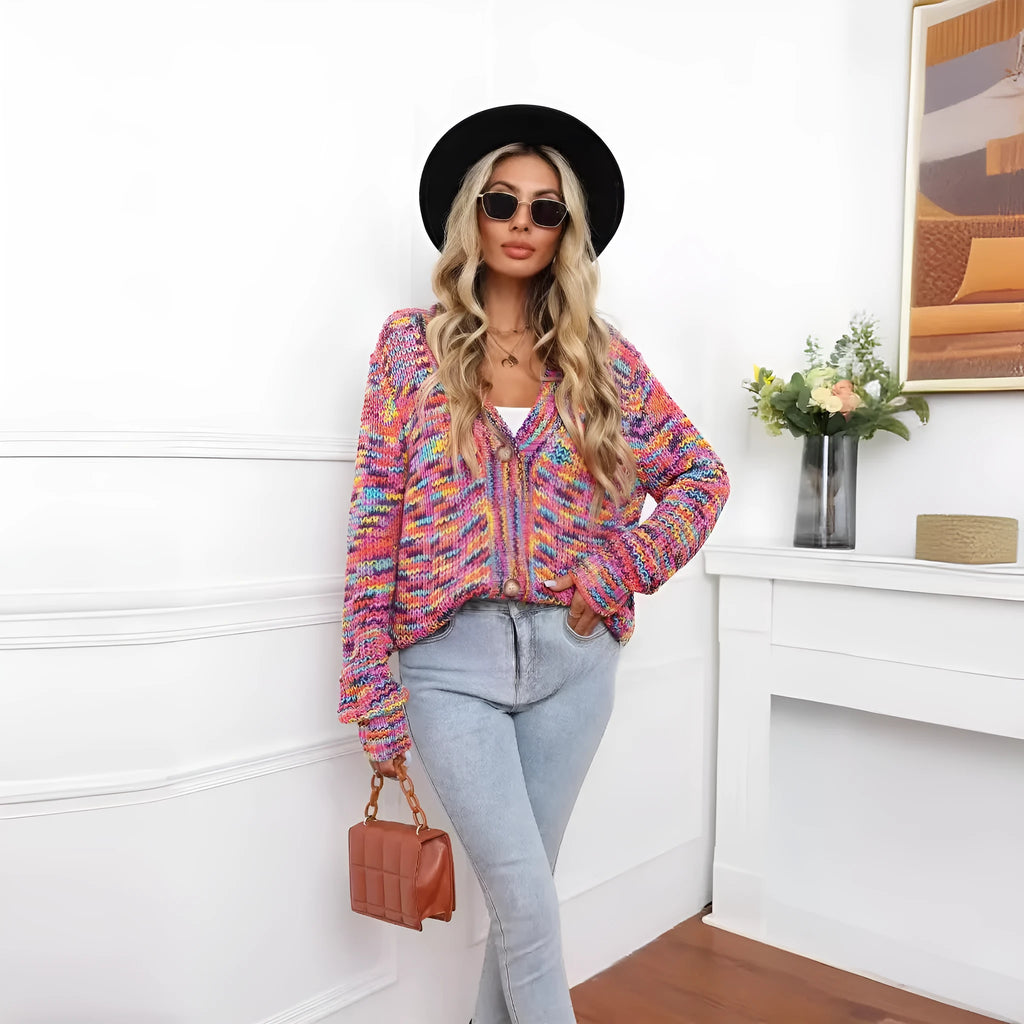 Rose red rainbow striped loose fit cardigan coat with regular sleeves on hanger