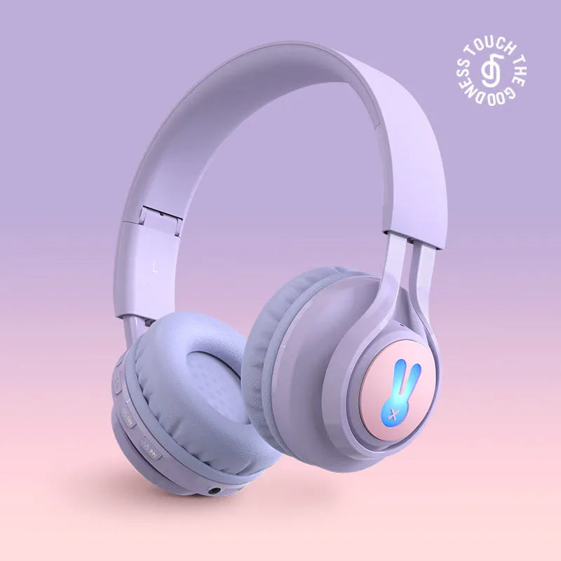 Wireless children's headphones with RGB lighting in bunny purple colour showing power display indicator