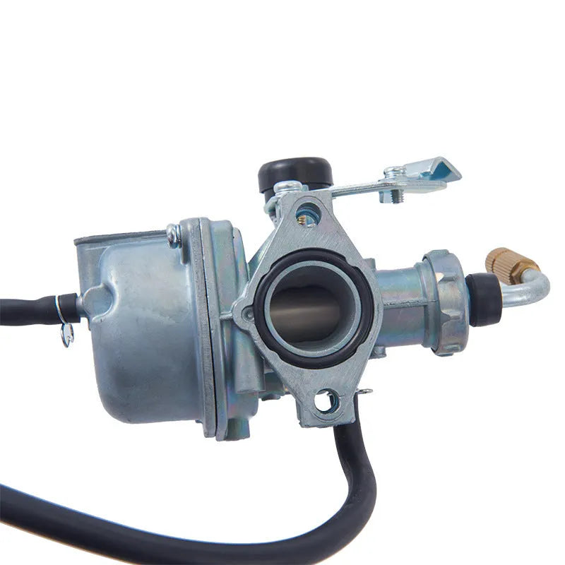 Motorcycle carburetor assembly showing flat suction plunger design for engine parts replacement