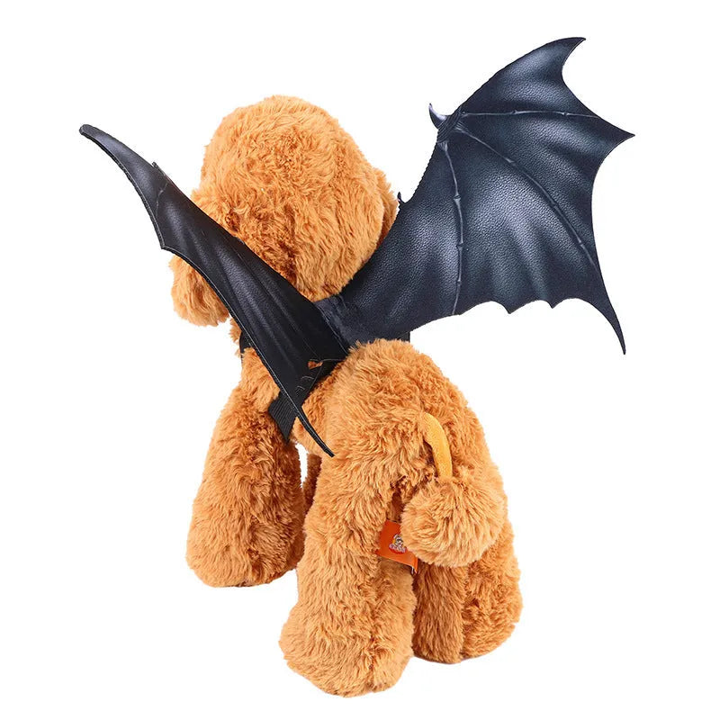 Black cloth bat wings Halloween costume for pets shown in three sizes