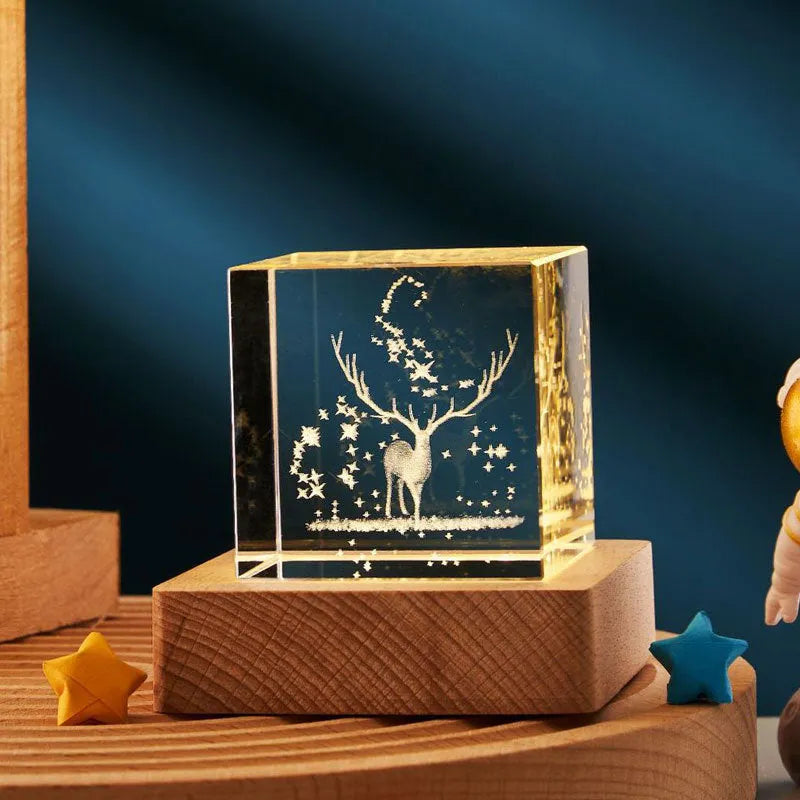 3D crystal cube night light with glass lampshade showing dimensional patterns in warm light