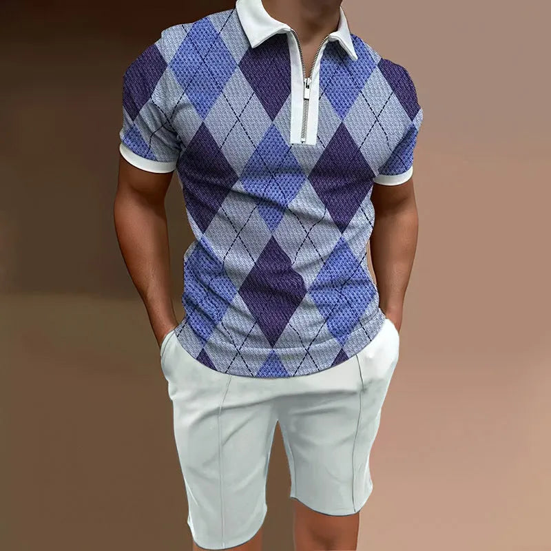 Men's printed polyester two-piece casual set with matching short sleeve top and shorts