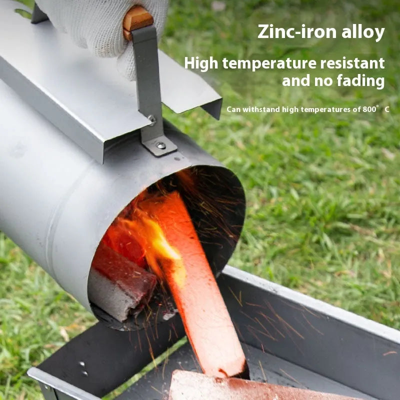 Zinc-iron alloy charcoal fire starter bucket and oven igniter for outdoor barbecues.