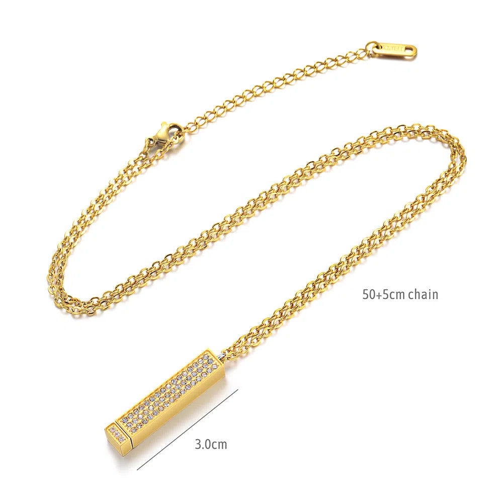 Engraved diamond doll necklace stainless steel geometric pendant with chain gold rose gold steel options