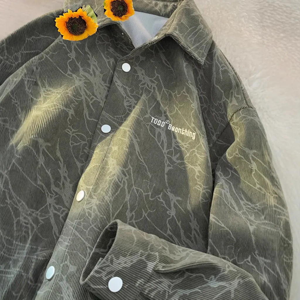 Men's embroidered retro corduroy shirt in black, loose fit cardigan style with long sleeves