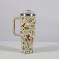 Christmas pattern stainless steel vacuum tumbler with handle, lid and straw - 1200ml capacity travel cup