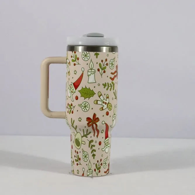 Christmas pattern stainless steel vacuum tumbler with handle, lid and straw - 1200ml capacity travel cup