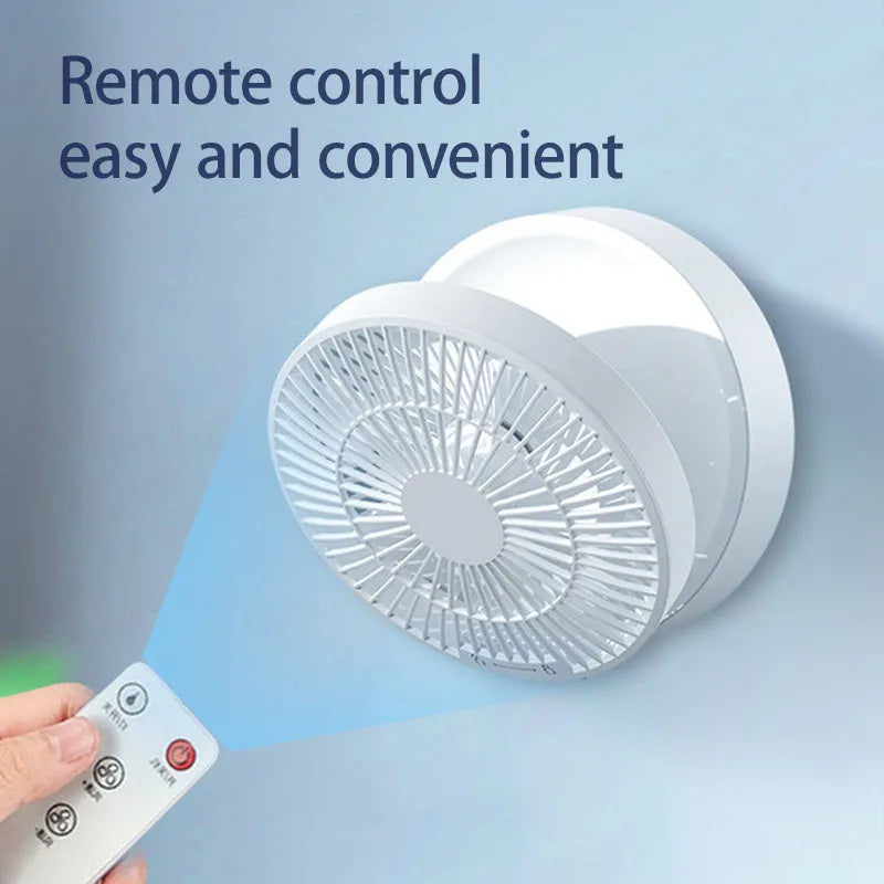 White portable folding fan with remote control on desk showing night light and adjustable angle