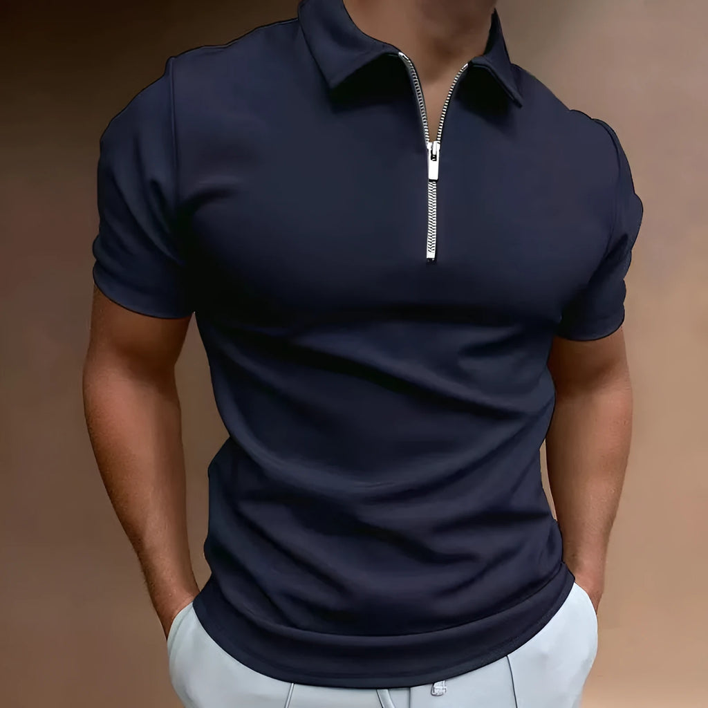 Men's short sleeve polo shirt with digital print in a choice of colours including navy blue, khaki, and light grey.