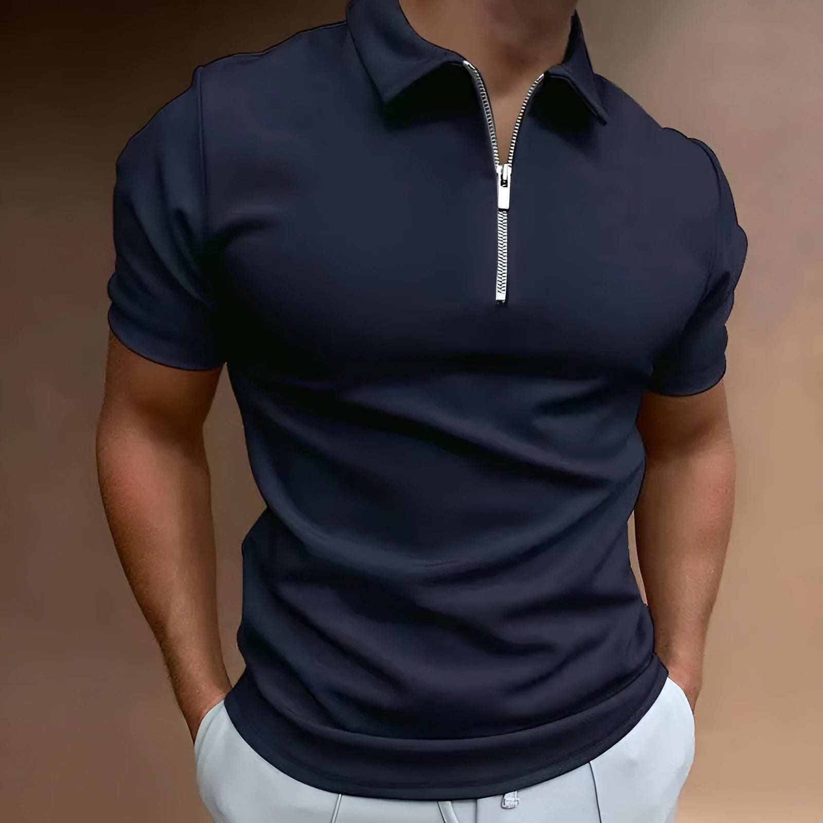 Men's short sleeve polo shirt with digital print in a choice of colours including navy blue, khaki, and light grey.