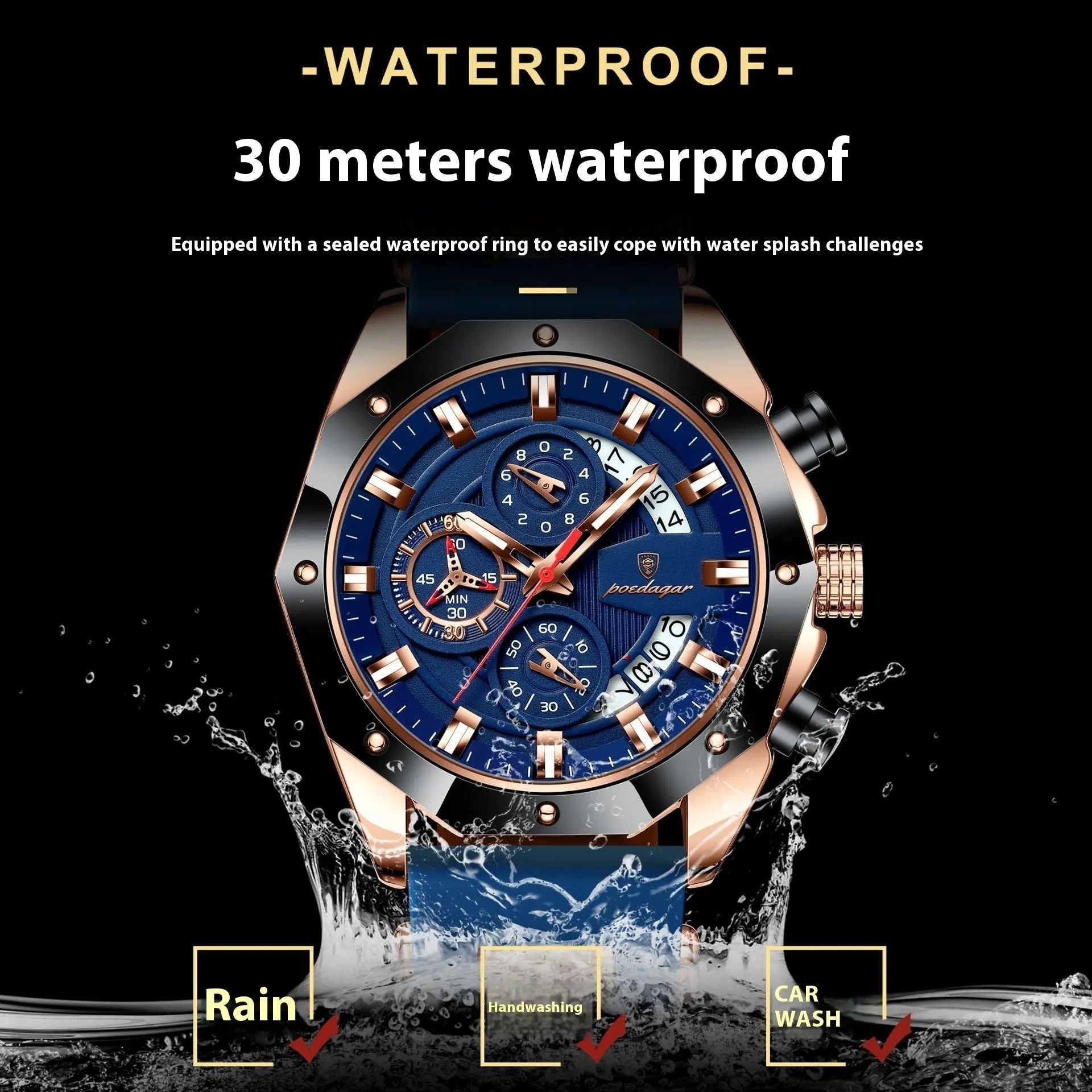 Men's chronograph sports watch with silicone strap and diamond-shaped dial