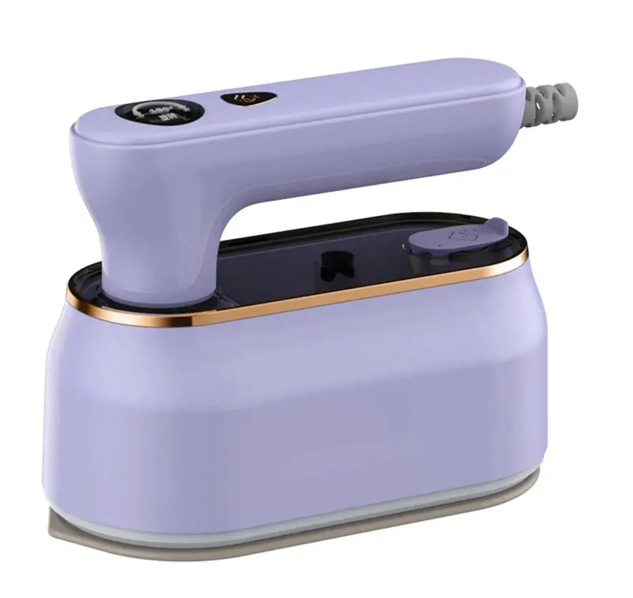 Light purple foldable travel iron with ceramic soleplate and mechanical controls for worldwide voltage use