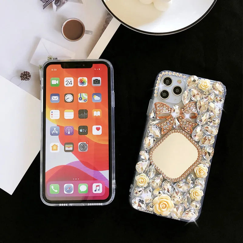 Rhinestone mirror bow silicone phone case for iPhone, aura bright white flower colour, all-inclusive design