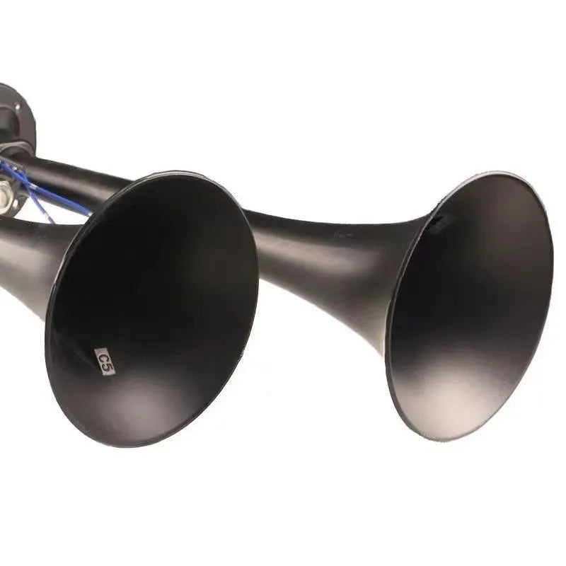 Black dual trumpet air horn and compressor kit for 12V and 24V car and truck vehicles