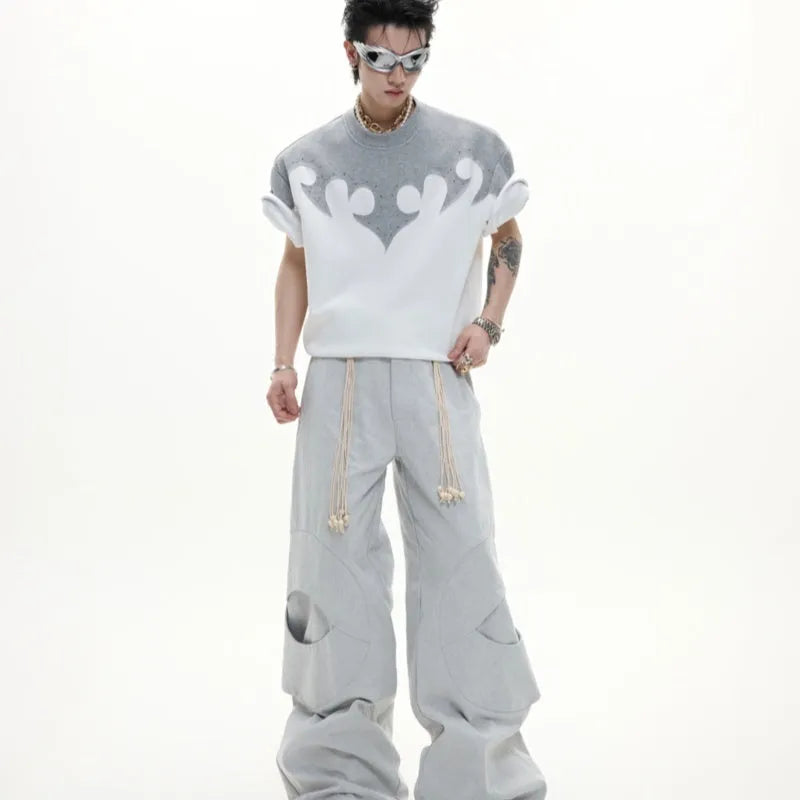 Men's loose fit grey cotton t-shirt with a 3D burnt flower rhinestone design on the front.