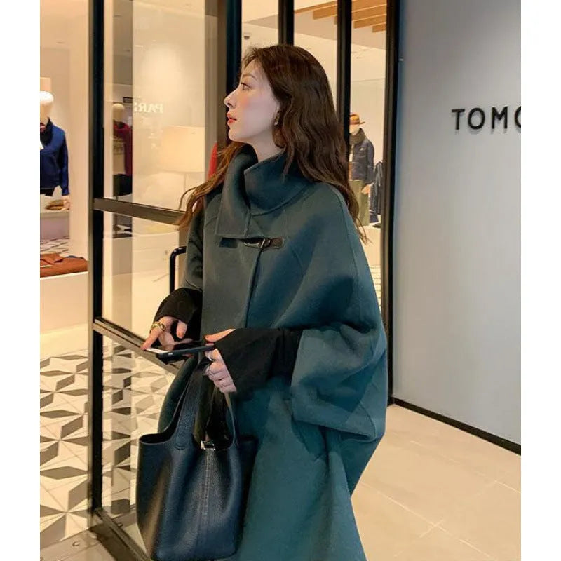 Women's green acrylic coat with flight sleeve half sleeves and 100cm lengthened length