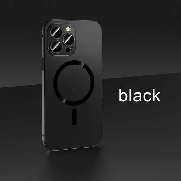 Aluminium alloy frame magnetic protective phone case for iPhone, shown in dark purple colour with nickel piece.