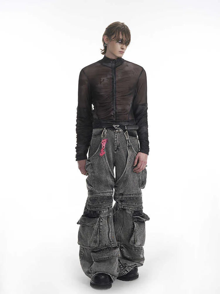 Men's black grey half turtleneck long sleeve t-shirt with mesh fabric and zipper bottom hem detail