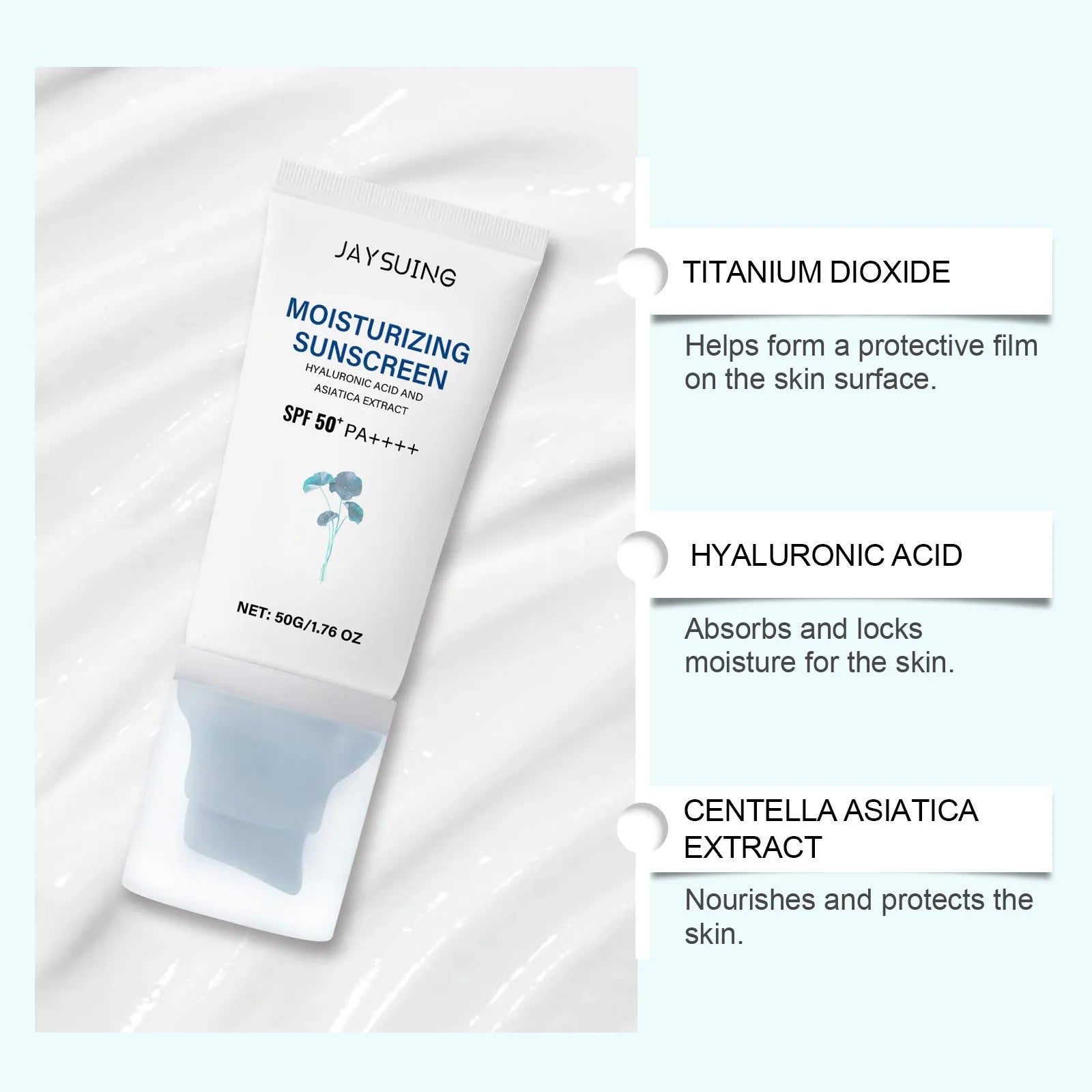 50g portable Snow Grass sunscreen tube with titanium dioxide and Centella Extract for facial UV protection