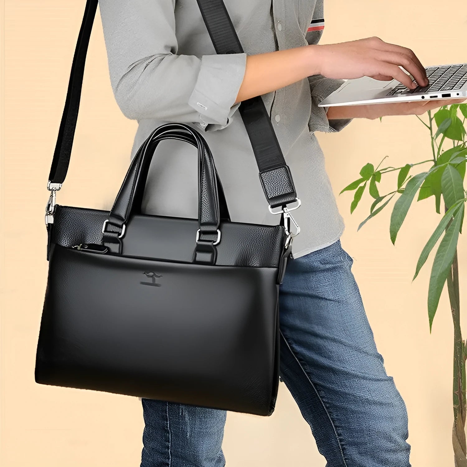 Men's black PU leather business messenger bag with crossbody strap showing 35cm width