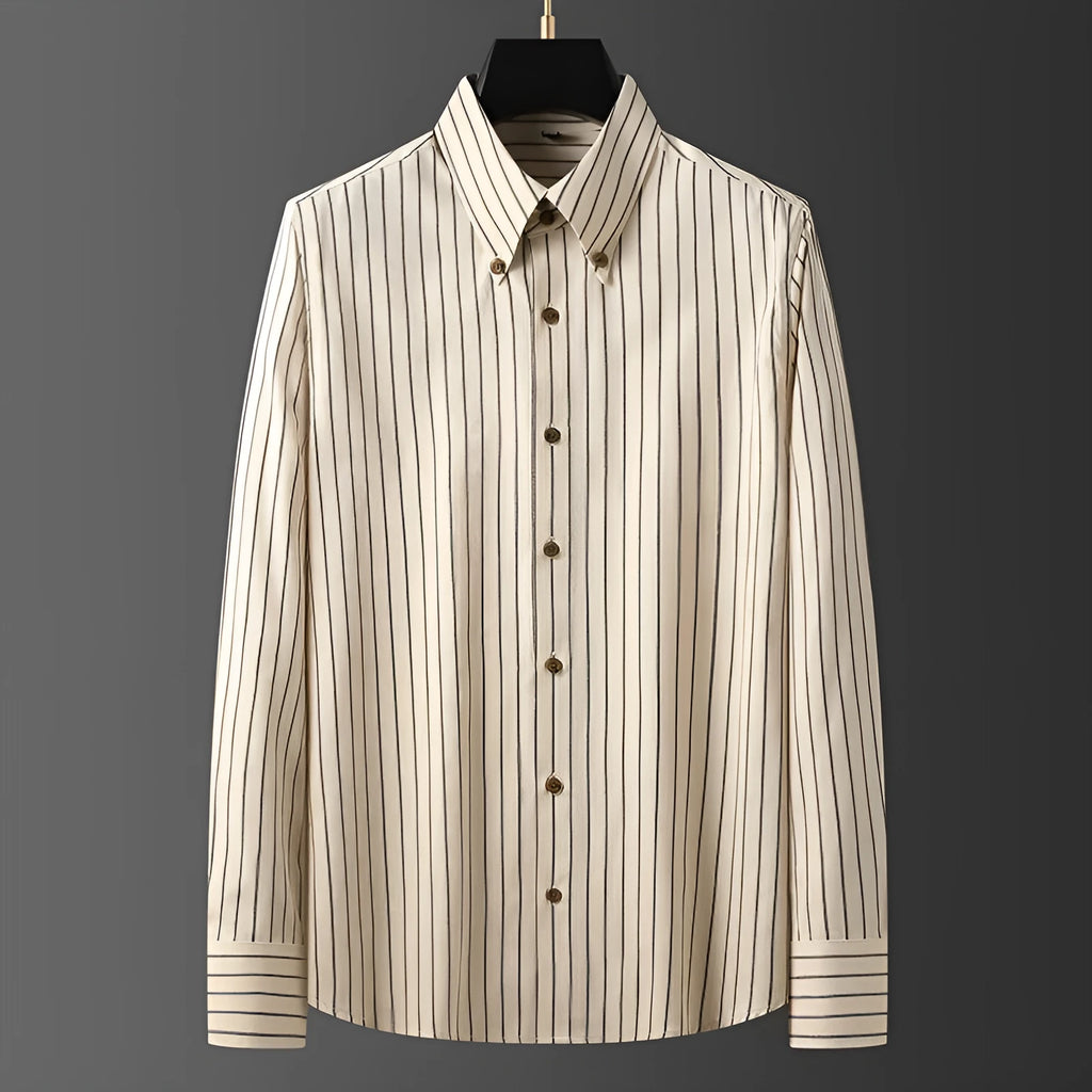 Coffee coloured striped men's long-sleeved shirt with slim fit on a hanger.