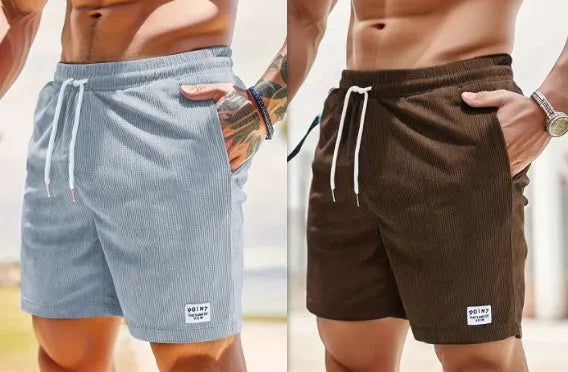 Mens lace-up drawstring corduroy sports shorts in army green and black, front view, straight-leg fit